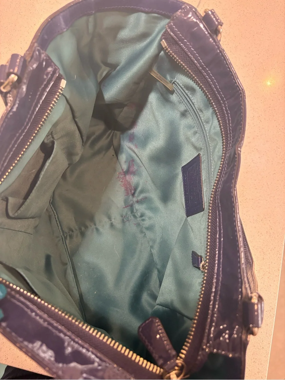 Coach Navy Patent Tote with Teal Tag Accent